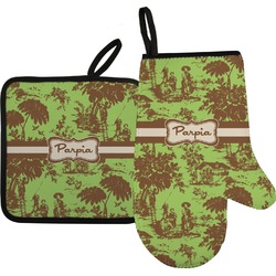 Green & Brown Toile Right Oven Mitt & Pot Holder Set w/ Name or Text