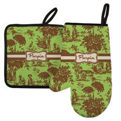 Green & Brown Toile Left Oven Mitt & Pot Holder Set w/ Name or Text