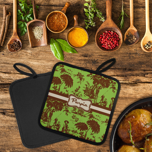 Green & Brown Toile Neoprene Pot Holder - Set of 2  LIFESTYLE (Flatlay)