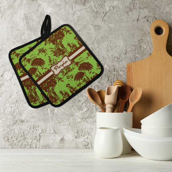 Green & Brown Toile Neoprene Pot Holder - Set of 2  LIFESTYLE