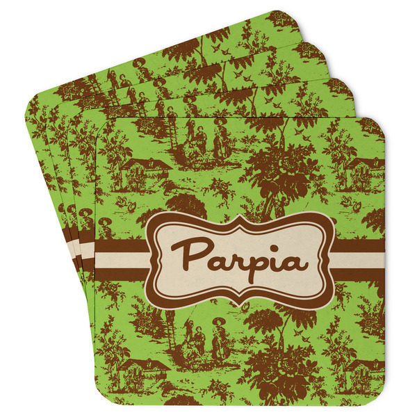 Custom Green & Brown Toile Paper Coasters w/ Name or Text