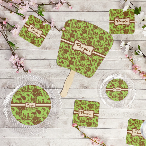 Green & Brown Toile Party Supplies Combination Image - All items - Plates, Coasters, Fans
