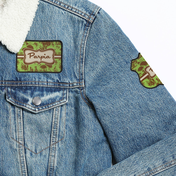 Green & Brown Toile Patches Lifestyle Jean Jacket Detail
