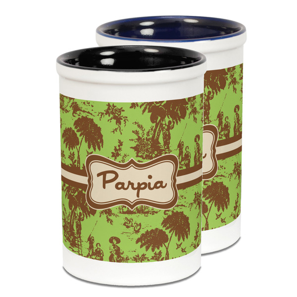 Custom Green & Brown Toile Ceramic Pencil Holder - Large