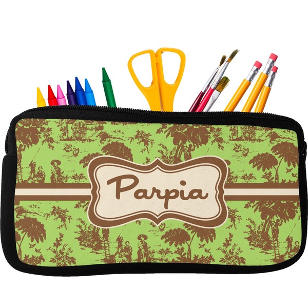 Custom Green & Brown Toile Neoprene Pencil Case - Small w/ Name or Text