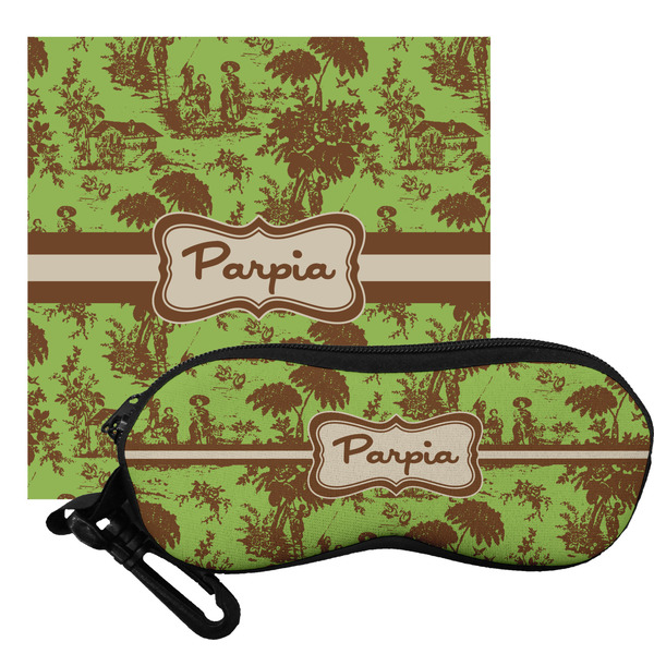 Custom Green & Brown Toile Eyeglass Case & Cloth (Personalized)