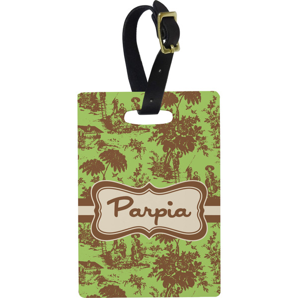 Custom Green & Brown Toile Plastic Luggage Tag - Rectangular w/ Name or Text