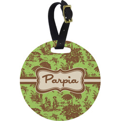 Green & Brown Toile Plastic Luggage Tag - Round (Personalized)