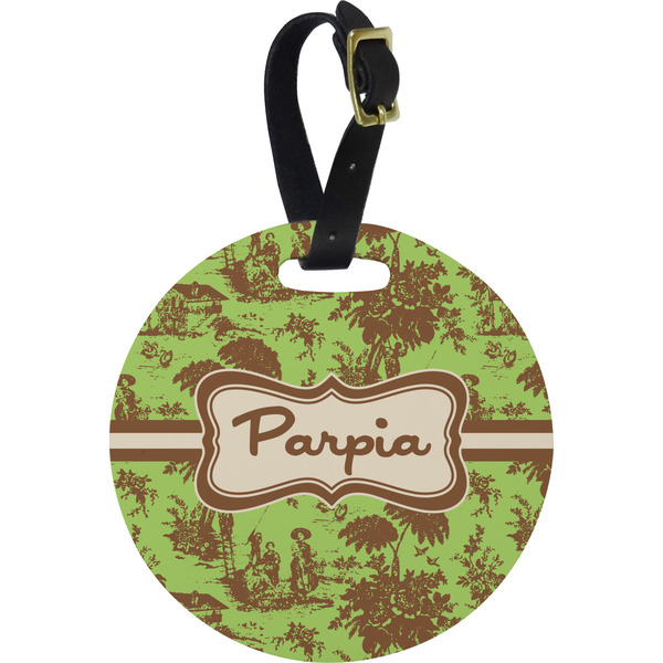 Custom Green & Brown Toile Plastic Luggage Tag - Round (Personalized)