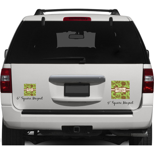 Green & Brown Toile Personalized Square Car Magnets on Ford Explorer