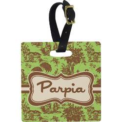 Green & Brown Toile Plastic Luggage Tag - Square w/ Name or Text
