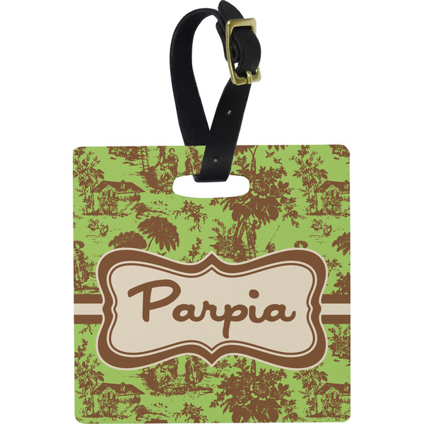 Custom Green & Brown Toile Plastic Luggage Tag - Square w/ Name or Text