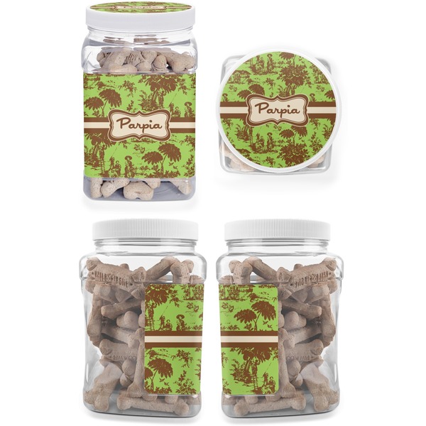 Green & Brown Toile Pet Treat Jar - Multiple Angles