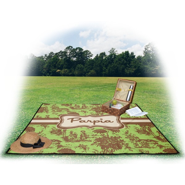 Green & Brown Toile Picnic Blanket - with Basket Hat and Book - in Use