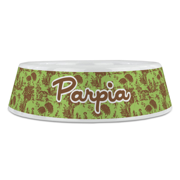 Green & Brown Toile Plastic Pet Bowls - Large - FRONT