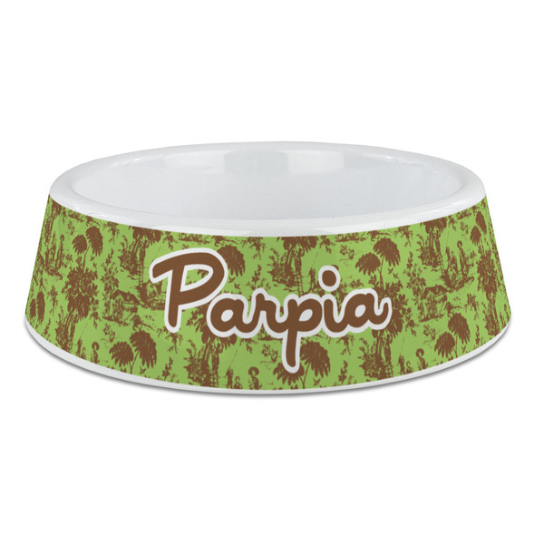 Custom Green & Brown Toile Plastic Dog Bowl - Large (Personalized)