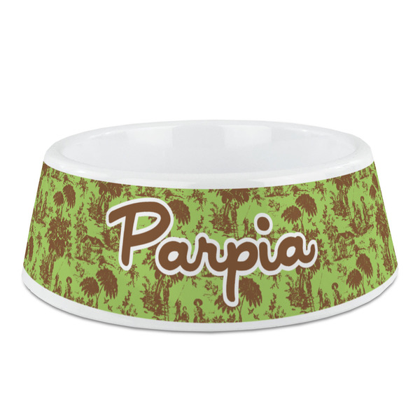 Custom Green & Brown Toile Plastic Dog Bowl (Personalized)