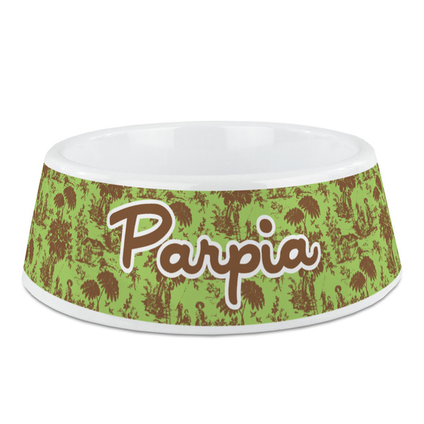 Custom Green & Brown Toile Plastic Dog Bowl - Medium (Personalized)