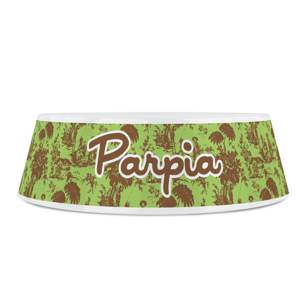 Green & Brown Toile Plastic Pet Bowls - Small - FRONT