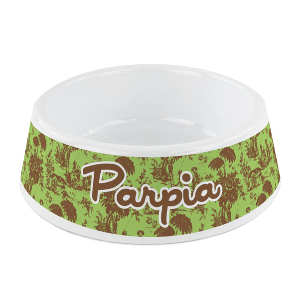 Custom Green & Brown Toile Plastic Dog Bowl - Small (Personalized)