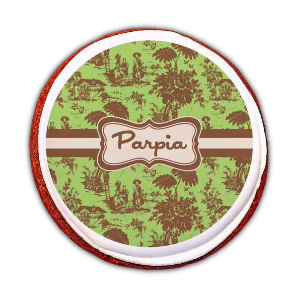 Green & Brown Toile Printed Icing Circle - Medium - On Cookie