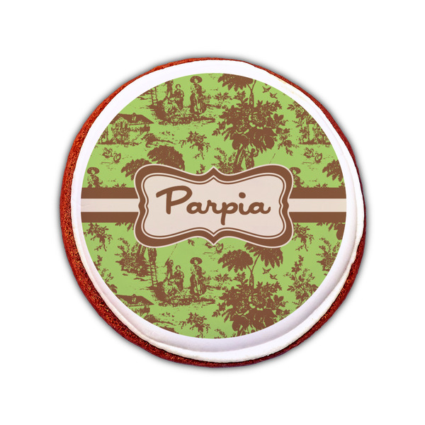 Green & Brown Toile Printed Icing Circle - Small - On Cookie