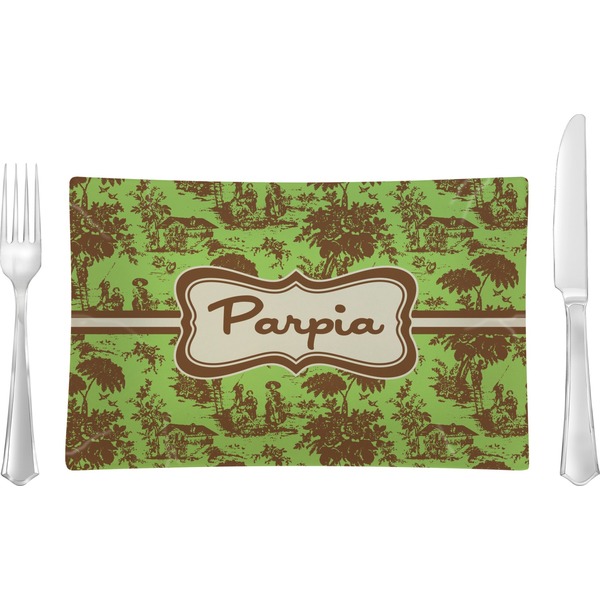 Custom Green & Brown Toile Rectangular Glass Lunch / Dinner Plate - Single or Set (Personalized)