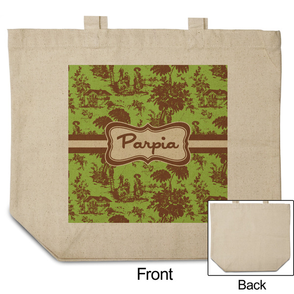 Green & Brown Toile Reusable Cotton Grocery Bag - Front & Back View