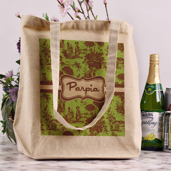 Green & Brown Toile Reusable Cotton Grocery Bag - In Context