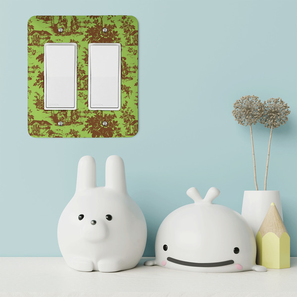 Green & Brown Toile Rocker Light Switch Covers - Double - IN CONTEXT