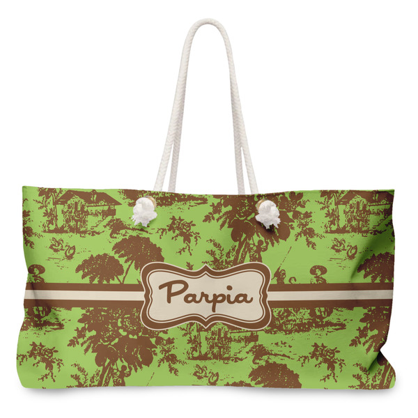 Custom Green & Brown Toile Large Tote Bag with Rope Handles (Personalized)