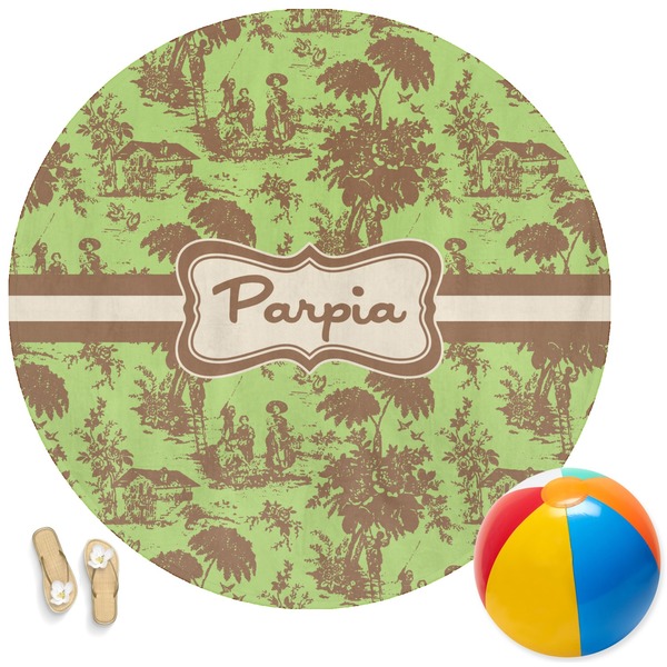 Custom Green & Brown Toile Round Beach Towel (Personalized)