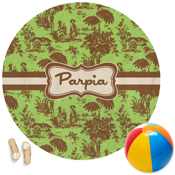 Custom Green & Brown Toile Round Beach Towel (Personalized)