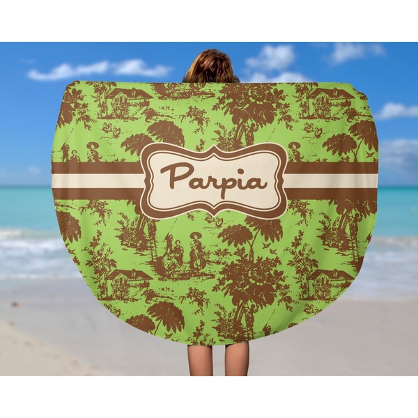 Green & Brown Toile Round Beach Towel - In Use