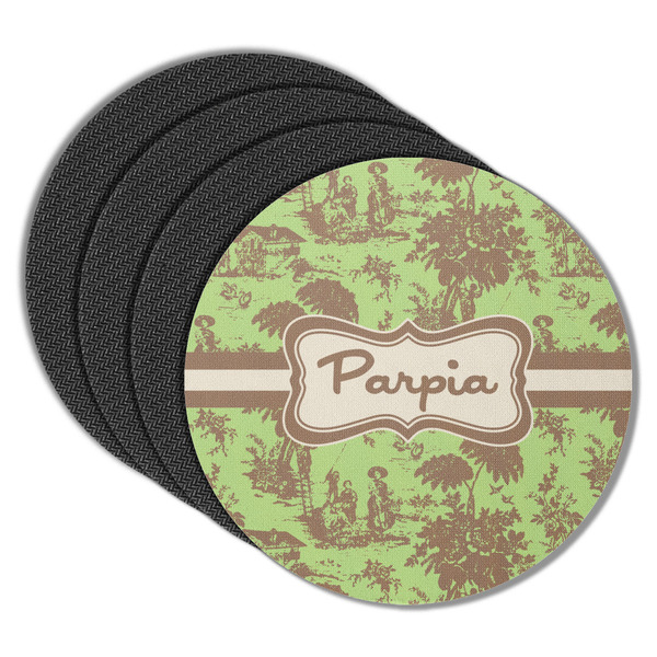 Custom Green & Brown Toile Round Rubber Backed Coasters - Set of 4 (Personalized)