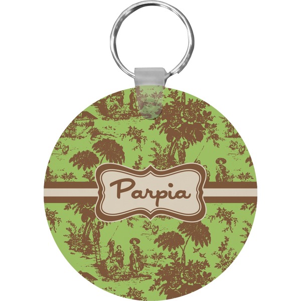 Custom Green & Brown Toile Round Plastic Keychain (Personalized)