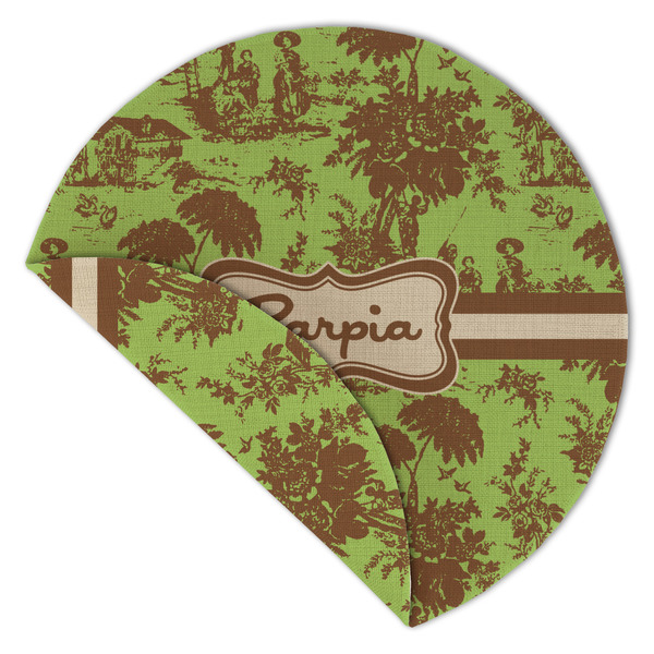 Green & Brown Toile Round Linen Placemats - Front (folded corner double sided)