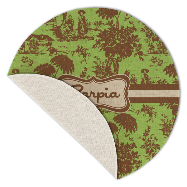 Green & Brown Toile Round Linen Placemats - Front (folded corner single sided)