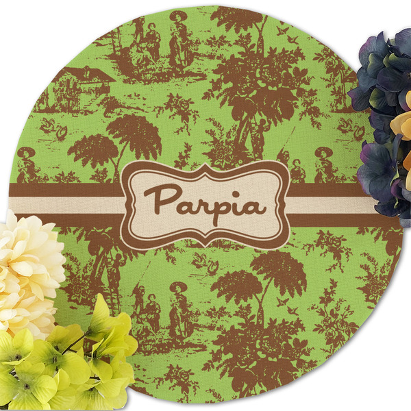 Green & Brown Toile Round Linen Placemats - Front (w flowers)