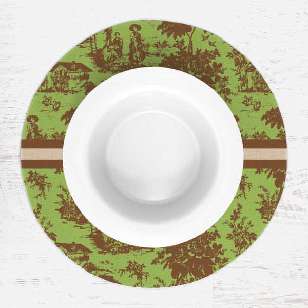 Green & Brown Toile Round Linen Placemats - LIFESTYLE (single)