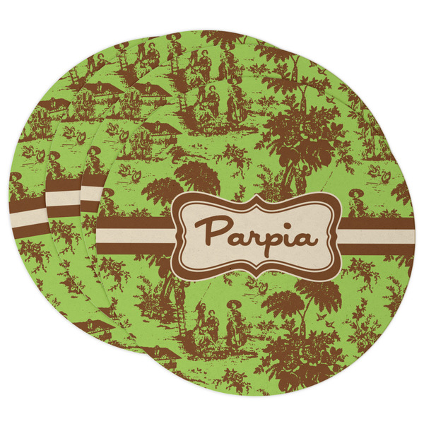 Custom Green & Brown Toile Round Paper Coasters w/ Name or Text