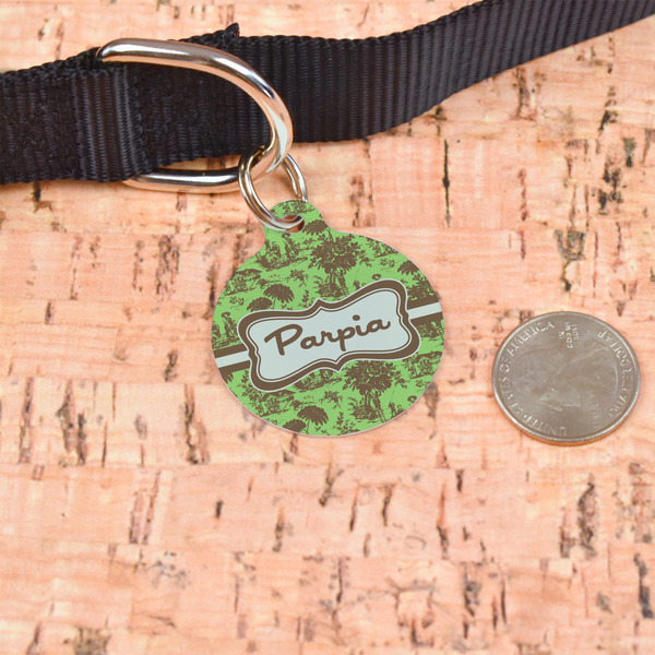 Green & Brown Toile Round Pet ID Tag - Large - In Context