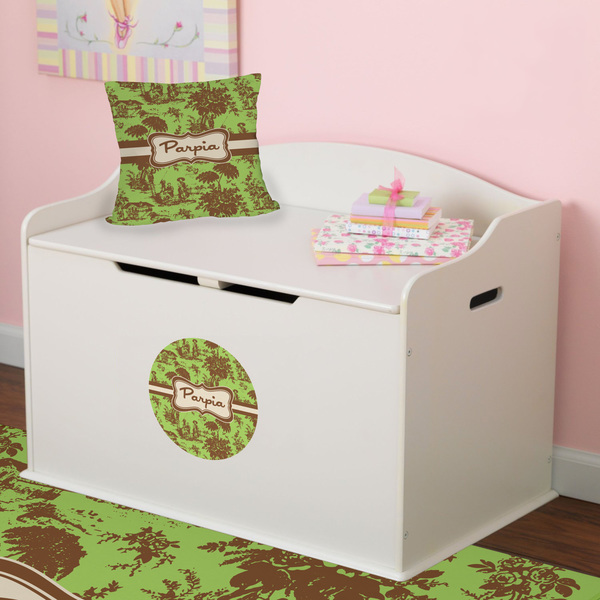 Green & Brown Toile Round Wall Decal on Toy Chest