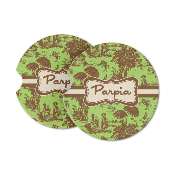Custom Green & Brown Toile Sandstone Car Coasters - Set of 2 (Personalized)