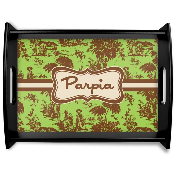 Custom Green & Brown Toile Black Wooden Tray - Large (Personalized)