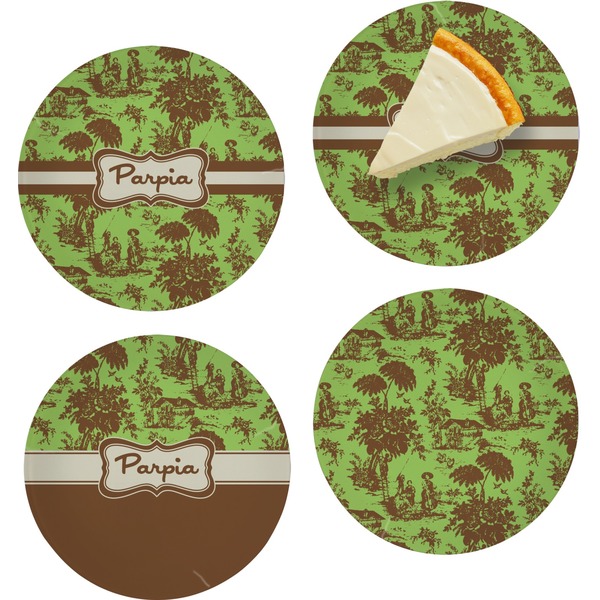 Custom Green & Brown Toile Set of 4 Glass Appetizer / Dessert Plate 8" (Personalized)