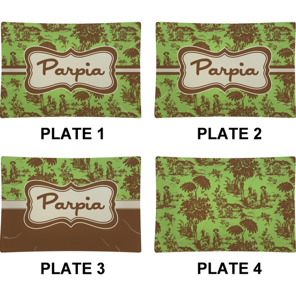 Green & Brown Toile Set of Rectangular Appetizer / Dessert Plates (Approval)