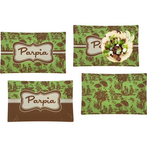 Custom Green & Brown Toile Set of 4 Glass Rectangular Lunch / Dinner Plate (Personalized)