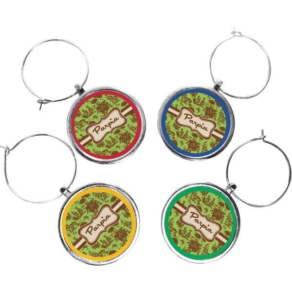 Custom Green & Brown Toile Wine Charms (Set of 4) (Personalized)