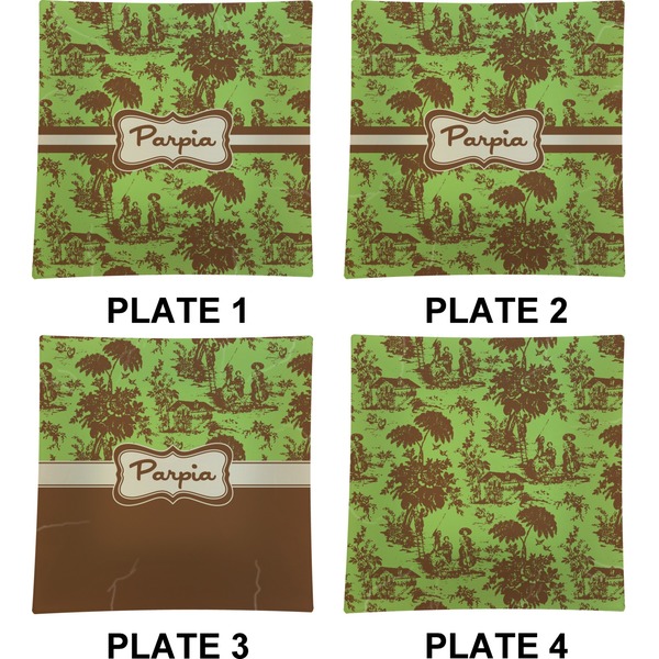 Green & Brown Toile Set of Square Dinner Plates (Approval)